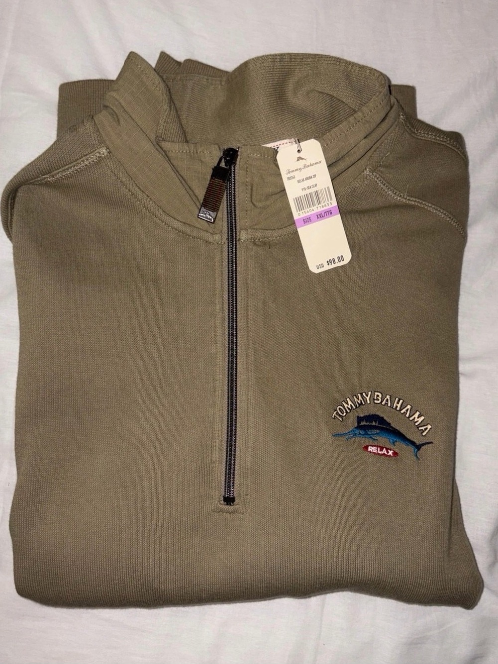 Tommy Bahama Olive Half-Zip Pullover with Marlin Embroidery